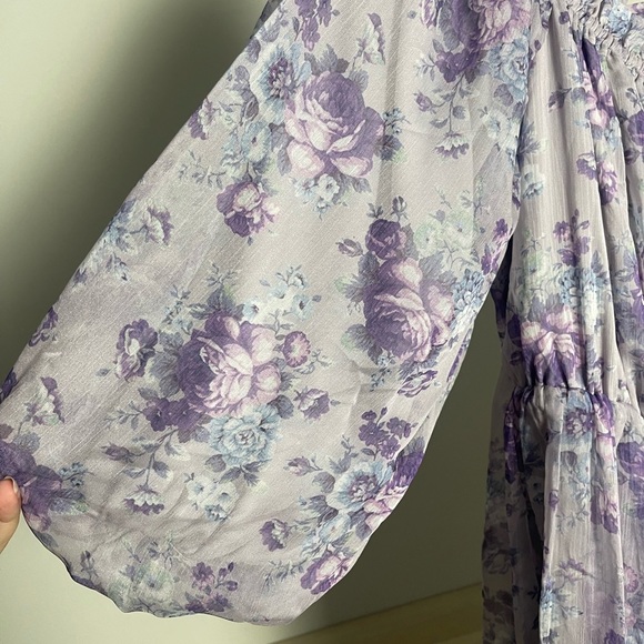 Arula | Off the Shoulder Natalie Purple Floral Maxi Dress Peasant Cottagecore - Picture 4 of 8